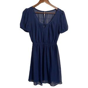 Delirious LA Womens Blue Sheer Lined Keyhole Back Fit Flare Mini Dress Medium